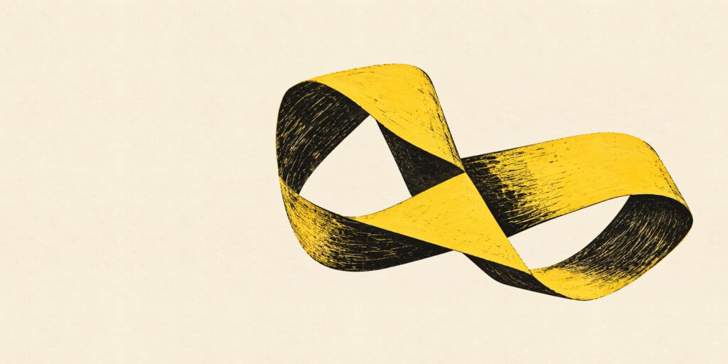 A yellow and black Möbius strip drawn in ink on cream paper.